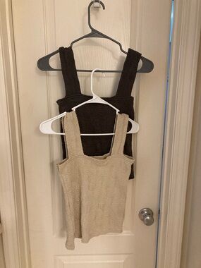 Textured Square Neck Tank Tops - Beige & Dark Brown